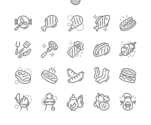 Bbq Pixel Perfect Vector Thin Line Iconos Rejilla Para Gráficos — Vector de stock