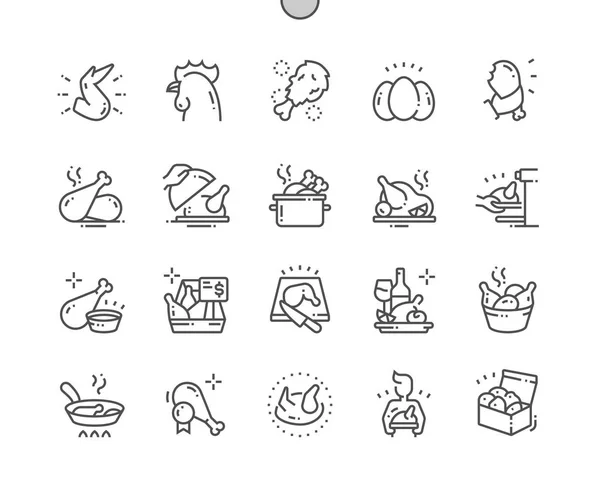 Kyckling Välskrivna Pixel Perfekt Vektor Tunn Linje Ikoner Rutnät För — Stock vektor