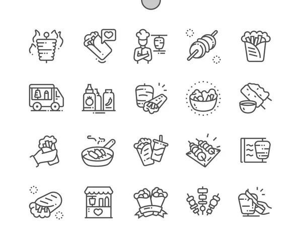 Kebabs Pixel Bien Hecho Perfecto Vector Thin Line Iconos Rejilla — Vector de stock