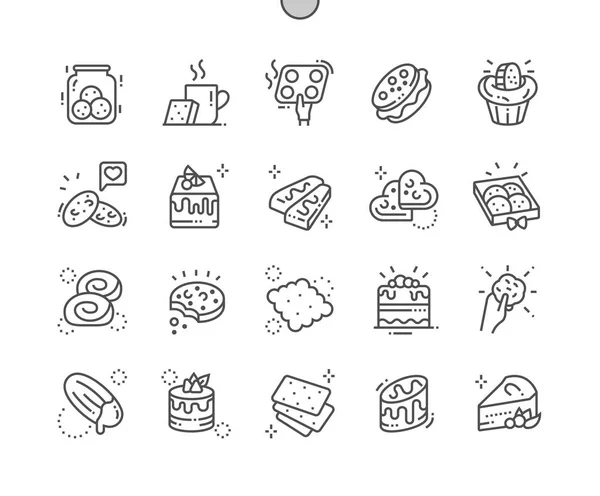 Pasteles Galletas Pixel Perfect Vector Thin Line Iconos Grid Web — Vector de stock