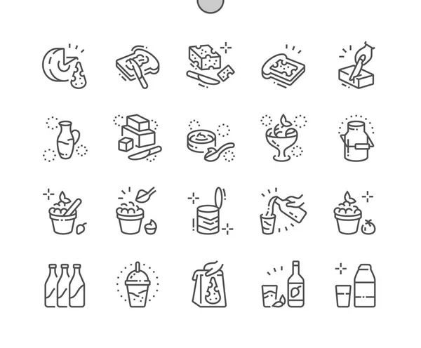 Productos Lácteos Pixel Perfect Vector Thin Line Iconos Grid Web — Vector de stock