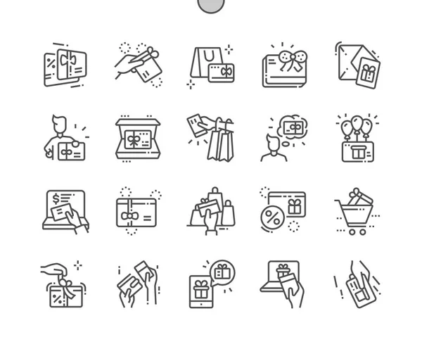 Tarjetas Regalo Pixel Perfect Vector Thin Line Iconos Grid Web — Vector de stock