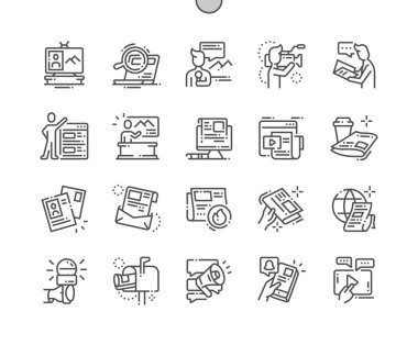 Haberler iyi hazırlanmış piksel mükemmel vektör ince çizgi simgeler 30 2 x kılavuz Web grafikleri ve Apps. Basit en az piktogram