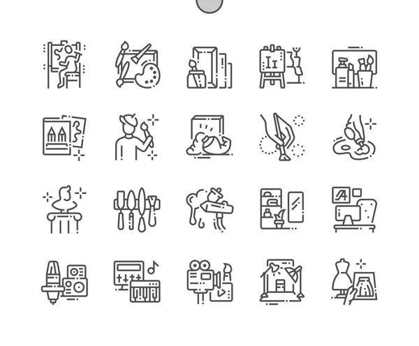 Estudio Artístico Pixel Perfect Vector Thin Line Icons Grid Web — Vector de stock