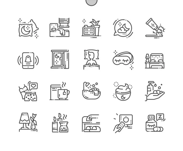よく練られたピクセルの完璧なベクトル細い線アイコン を寝る時間 Web グラフィックとアプリ用グリッド シンプルな最小限のピクトグラム — ストックベクタ