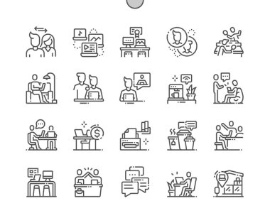 Coworking İyi hazırlanmış Pixel Perfect Vector İnce Çizgi Simgeleri Web Grafikleri ve Uygulamaları için 30 2x Izgara. Basit Minimal Piktogram