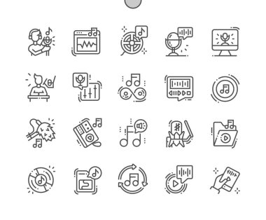 Ses kaydı Web Grafikleri ve Uygulamaları için Iyi hazırlanmış Pixel Perfect Vector İnce Çizgi Simgeleri 30 2x Izgara. Basit Minimal Piktogram