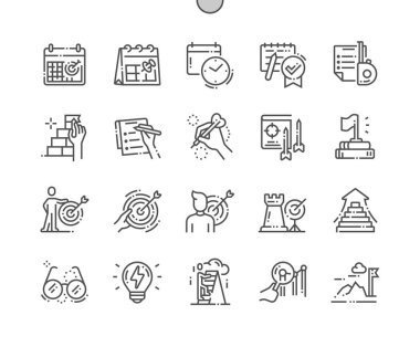 Web Grafikleri ve Uygulamaları için Iyi hazırlanmış Pixel Perfect Vector İnce Çizgi Simgeleri 30 2x Izgara Ayar hedef. Basit Minimal Piktogram