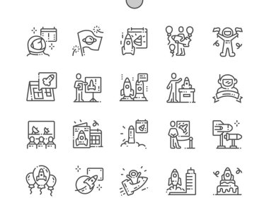 Uluslararası İnsan Uzay Uçuş Günü İyi hazırlanmış Pixel Perfect Vector İnce Çizgi Simgeler 30 2x Grid Web Grafik ve Apps için. Basit Minimal Piktogram