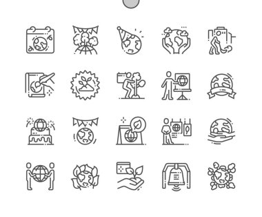 Earth Day İyi hazırlanmış Pixel Perfect Vector İnce Çizgi Simgeleri Web Grafikleri ve Uygulamaları için 30 2x Izgara. Basit Minimal Piktogram