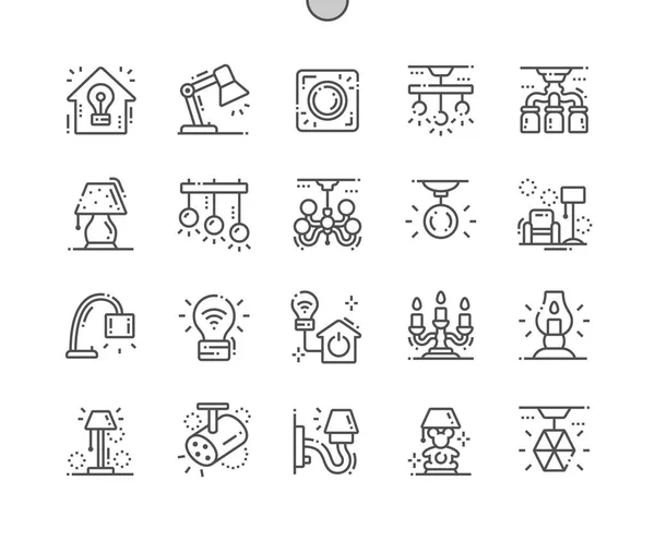 Домашнее освещение Хорошо отточенные Pixel Perfect Векторные тонкие иконки линии 30 Grid для веб-графики и видео. Минимальная пиктограмма — стоковый вектор