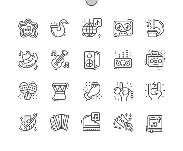 Géneros musicales Pixel Perfect Vector Thin Line Iconos 30 2x Grid for Web Graphics and Apps. Pictograma mínimo simple — Vector de stock