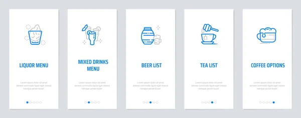 Liquor menu, mixed drinks menu, bier lijst, thee lijst, koffie opties verticale kaarten met sterke metaforen. — Stockvector