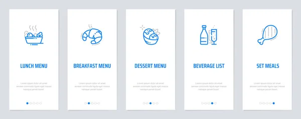 Lunch menu, ontbijtmenu, dessert menu, drank lijst, set maaltijden verticale kaarten met sterke metaforen. — Stockvector