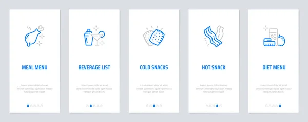 Maaltijd menu, drank lijst, koude snack, warme snack, dieetmenu verticale kaarten met sterke metaforen. — Stockvector