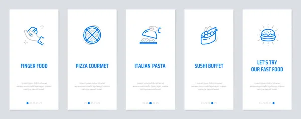 Comida para los dedos, Pizza courmet, Pasta italiana, Sushi buffet, Vamos a probar nuestra comida rápida Vertical Cards con fuertes metáforas . — Archivo Imágenes Vectoriales