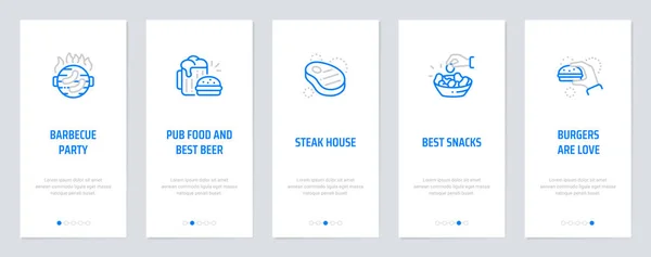 Barbecue feest, pub eten en beste bier, Steak House, beste snacks, hamburgers zijn liefde verticale kaarten met sterke metaforen. — Stockvector