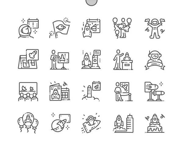 International Day of Human Space Flight Pixel Perfect Vector Thin Line Icons 30 2x Grid for Web Graphics and Apps (dalam bahasa Inggris). Pictogram Minimal Sederhana - Stok Vektor