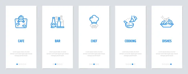 Café, Bar, Shef, koken, gerechten verticale kaarten met sterke metaforen. — Stockvector