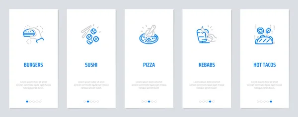 Hamburguesas, Sushi, Pizza, Kebabs, Hot Tacos Vertical Cards con fuertes metáforas . — Archivo Imágenes Vectoriales
