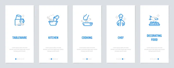 Tafelgerei, keuken, koken, chef-kok, versieren van voedsel verticale kaarten met sterke metaforen. — Stockvector