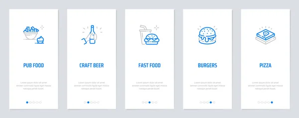 Pub eten, ambachtelijk bier, hamburgers, pizza verticale kaarten met sterke metaforen. — Stockvector