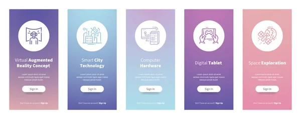 Concepto de realidad aumentada virtual, Tecnología de ciudad inteligente, Hardware informático, Tablet digital, Exploración espacial Tarjetas verticales con metáforas fuertes . — Archivo Imágenes Vectoriales