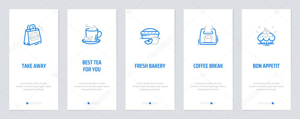 Take away, Best tea for you, Fresh bakery, Coffee break, Bon Appetit Vertical Cards with strong metaphors.