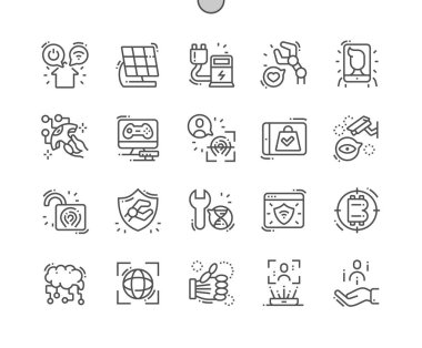 Web Grafikleri ve Uygulamaları için 30 2x Grid, geleceğin endüstrisinde iyi hazırlanmış Pixel Perfect Vector İnce Çizgi Simgeleri. Basit Minimal Piktogram