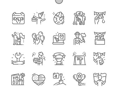 Uluslararası İşçi Bayramı Iyi hazırlanmış Pixel Perfect Vector İnce Çizgi Simgeler 30 2x Grid Web Grafik ve Apps için. Basit Minimal Piktogram