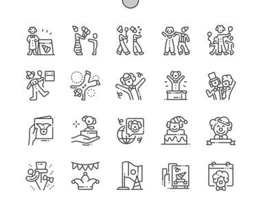 Palyaçolar Günü İyi hazırlanmış Pixel Perfect Vector İnce Çizgi Simgeler 30 2x Grid Web Grafik ve Uygulamalar için. Basit Minimal Piktogram