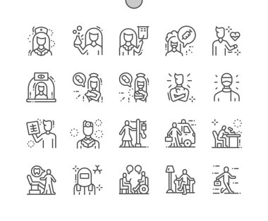 Sağlık çalışanları Iyi hazırlanmış Pixel Perfect Vector İnce Çizgi Simgeleri 30 Web Grafik ve Apps için 2x Grid. Basit Minimal Piktogram
