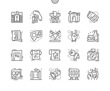 Müzik festivali Web Grafikleri ve Uygulamaları için Iyi hazırlanmış Pixel Perfect Vector İnce Çizgi Simgeler 30 2x Grid. Basit Minimal Piktogram