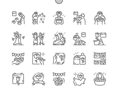Gül Festivali Iyi hazırlanmış Pixel Perfect Vector İnce Çizgi Simgeler 30 2x Grid Web Grafik ve Uygulamalar için. Basit Minimal Piktogram