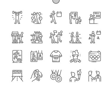 Uluslararası Olimpiyat Günü İyi hazırlanmış Pixel Perfect Vector İnce Çizgi Simgeler 30 2x Grid Web Grafik ve Apps için. Basit Minimal Piktogram