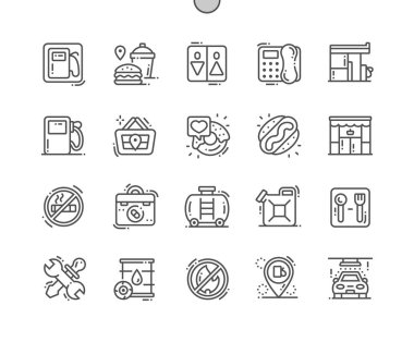 Gaz istasyonu Iyi hazırlanmış piksel mükemmel vektör Ince çizgi simgeler 30 2x Grid Web grafik ve uygulamalar için. Basit minimal piktogram