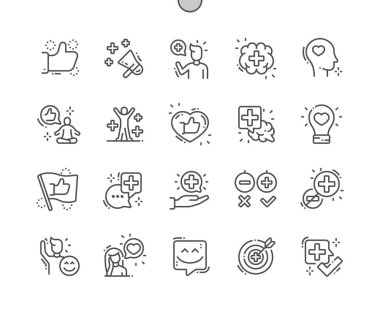 Pozitif düşünme Iyi hazırlanmış piksel mükemmel vektör Ince çizgi simgeler 30 2x Grid Web grafik ve uygulamalar için. Basit minimal piktogram