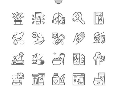 Aloe Vera kozmetik Iyi hazırlanmış piksel mükemmel vektör Ince çizgi simgeler 30 2x Grid Web grafik ve uygulamalar için. Basit minimal piktogram