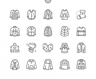 Kış giysileri Iyi hazırlanmış Pixel Perfect Vector İnce Çizgi Simgeler 30 2x Grid Web Graphics ve Apps için. Basit Minimal Piktogram