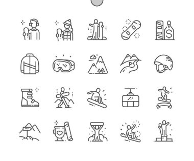 Web Grafikleri ve Uygulamaları için Iyi hazırlanmış Pixel Perfect Vector İnce Çizgi Simgeleri 30 2x Izgara Snowboard. Basit Minimal Piktogram