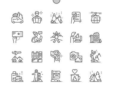 Kış seyahat Iyi hazırlanmış Pixel Perfect Vector İnce Çizgi Simgeler 30 2x Grid Web Grafik ve Apps için. Basit Minimal Piktogram