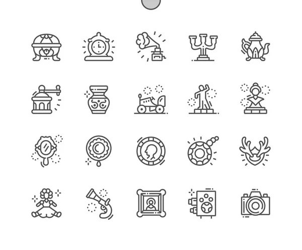 Antiquitäten gut verarbeitete Pixel perfekte Vektor Thin Line Symbole 30 2x Raster für Web-Grafiken und Apps. einfaches minimales Piktogramm — Stockvektor