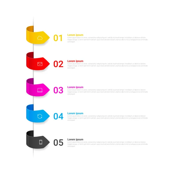 Infographics ontwerp vector en marketing iconen met 5 opties, stappen of processen. Kan gebruikt worden voor jaarverslagen, stroomdiagrammen, schema 's, presentaties, websites. — Stockvector