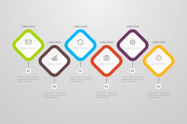 6 aşamalı ya da elementleri işleyen İş Bilgileri Şablonu. Yıllık rapor, akış çizelgeleri, diyagram, sunumlar ve web siteleri için kullanılabilir. Vektör illüstrasyonu.