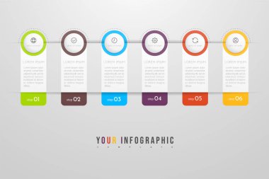 Bilgi grafikleri tasarım vektörü ve pazarlama simgeleri iş akışı düzeni, diyagram, yıllık rapor ve web tasarımı için kullanılabilir. 6 seçeneği, adımı veya süreci olan iş konsepti.