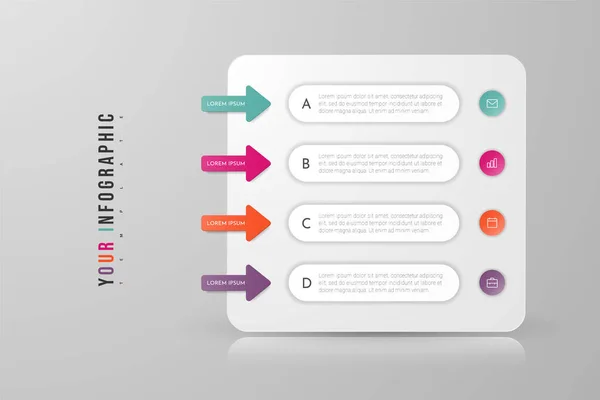 Infografische Konzeption mit 4 Optionen, Schritten oder Prozessen. Kann für Workflow-Layout, Jahresbericht, Flussdiagramme, Diagramme, Präsentationen, Websites, Banner, Druckmaterialien verwendet werden. — Stockvektor