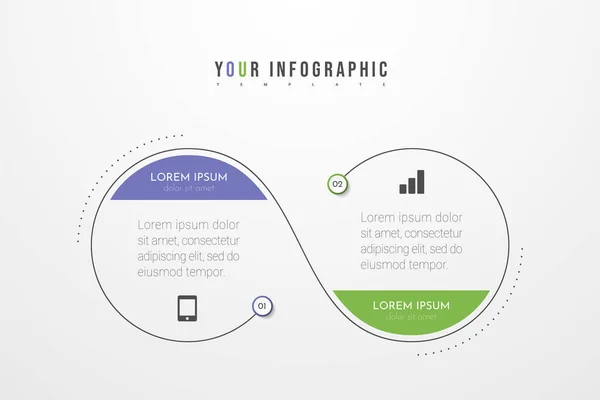 Minimale Business-Infografik-Vorlage mit 2 Schritten, Optionen und Marketing-Symbolen. Vektor-Infografik mit zwei Kreis-Elementen. Kann zur Präsentation verwendet werden. — Stockvektor