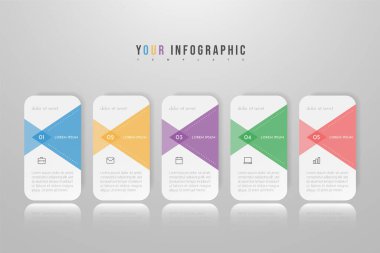 5 seçeneği, aşaması ya da süreci olan bilgi tasarımı. İş akışı düzeni, yıllık rapor, akış çizelgeleri, diyagram, sunumlar, web siteleri, afişler, basılı materyaller için kullanılabilir.