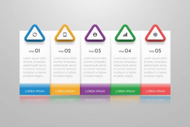 5 seçeneği, aşaması ya da süreci olan bilgi tasarımı. İş akışı düzeni, yıllık rapor, akış çizelgeleri, diyagram, sunumlar, web siteleri, afişler, basılı materyaller için kullanılabilir.