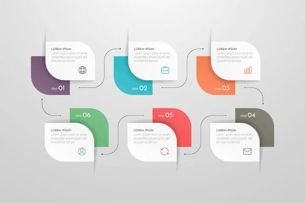 Современная векторная инфографика с 6 шагами или элементами процессов. Хронология бизнес-концепции — стоковый вектор